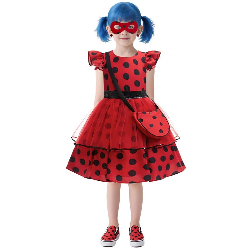 LZH Ladybug Costume Dress For Girls Kids Cosplay Lady Bug Halloween Birthday Dress Up With Bag Gloves Mask Earrings - Image 2